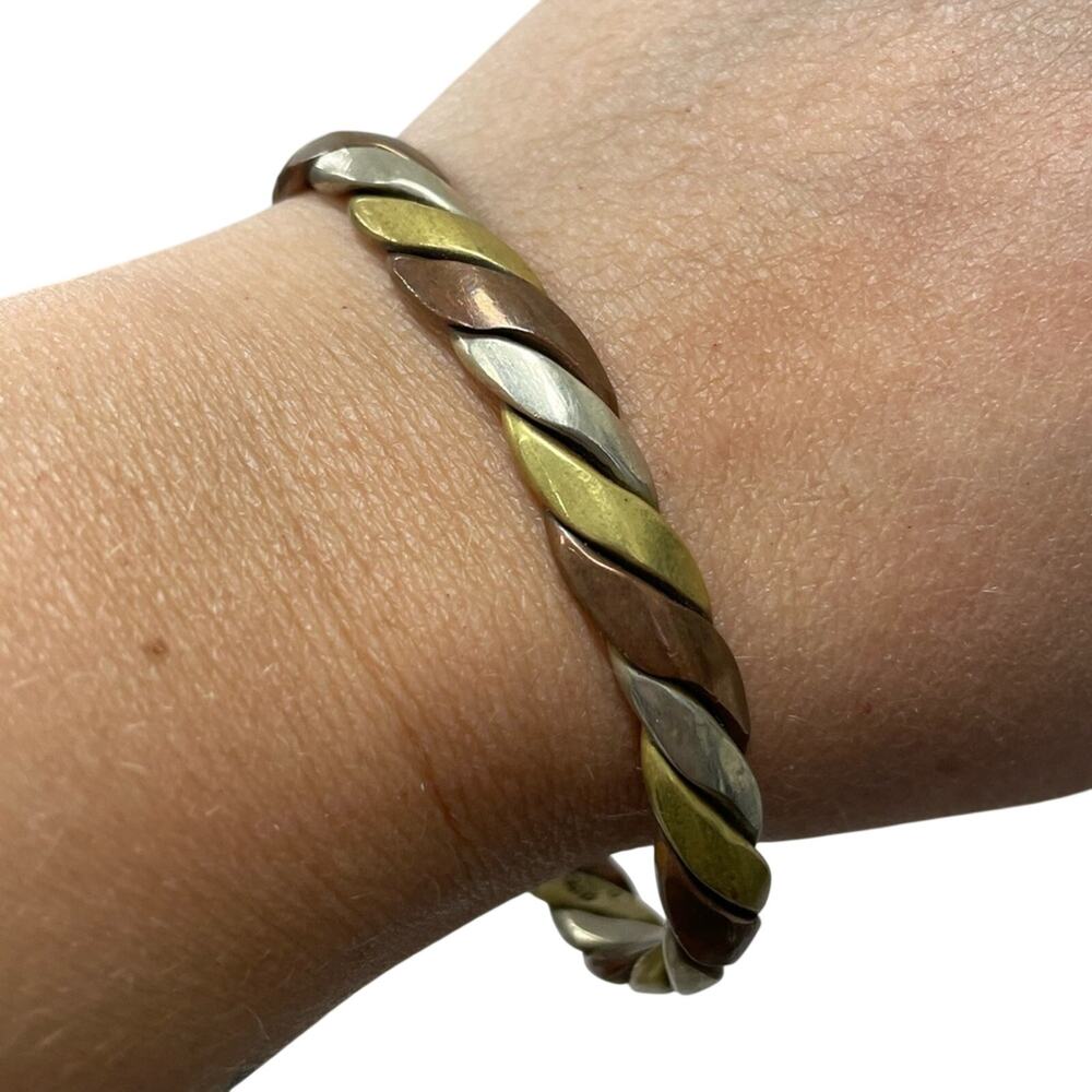 Vintage Mexico Stamped Gold & Silver Tone Twisted Bangle Bracelet Jewelry